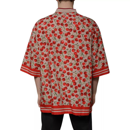 Dolce &amp; Gabbana Beige Cherry Nylon Geknöpftes Freizeithemd