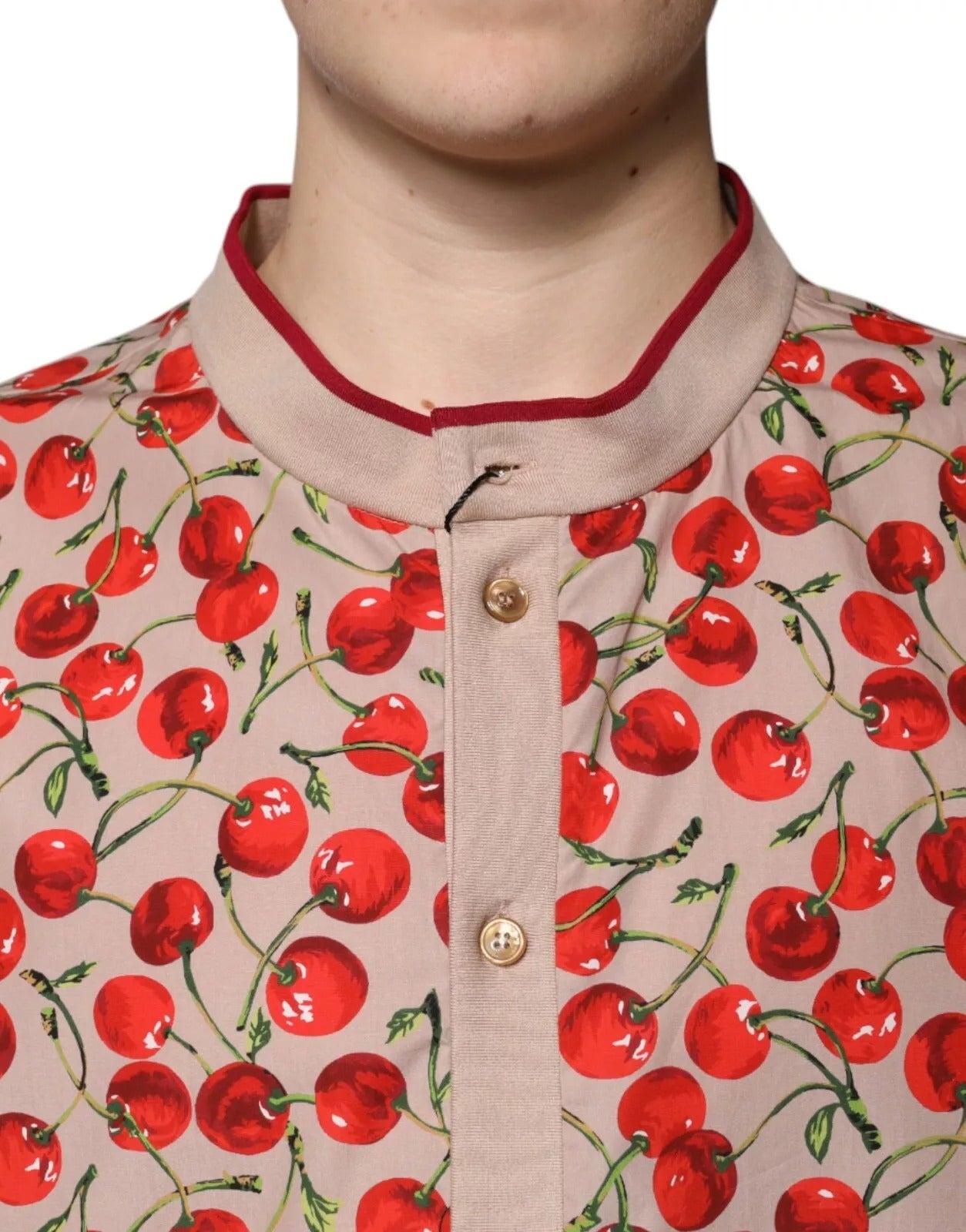 Dolce &amp; Gabbana Beige Cherry Nylon Geknöpftes Freizeithemd