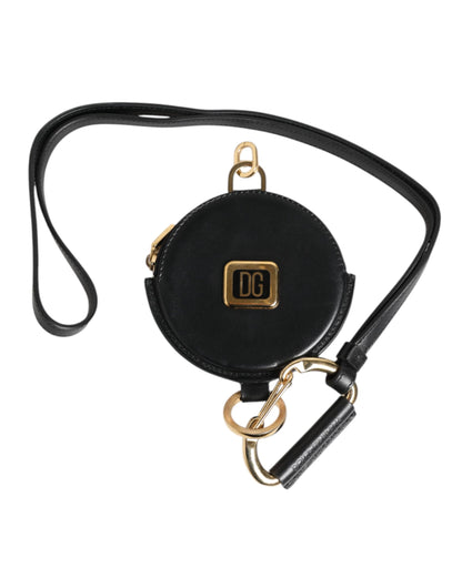 Dolce &amp; Gabbana – Schwarzes rundes Leder-Geldbörse mit DG-Logo und Schlüsselband