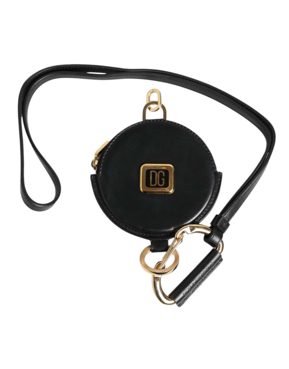 Dolce &amp; Gabbana – Schwarzes rundes Leder-Geldbörse mit DG-Logo und Schlüsselband