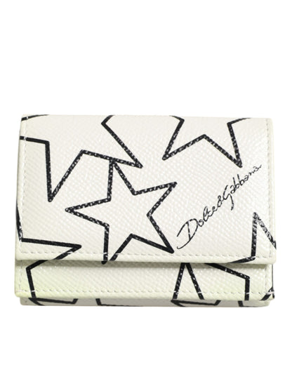 Dolce & Gabbana White Leather Trifold DG Star Print Card Holder Wallet