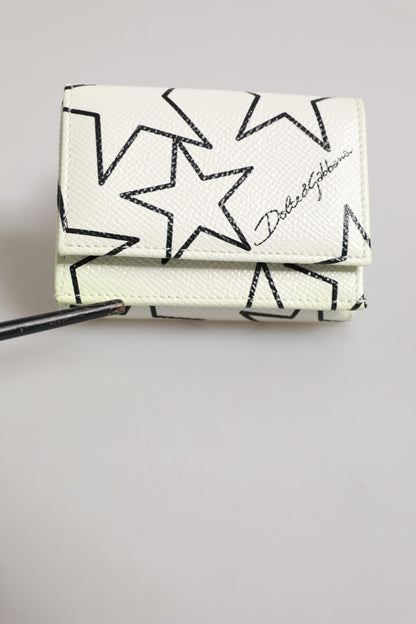 Dolce & Gabbana White Leather Trifold DG Star Print Card Holder Wallet