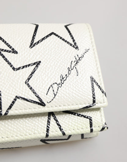 Dolce & Gabbana White Leather Trifold DG Star Print Card Holder Wallet