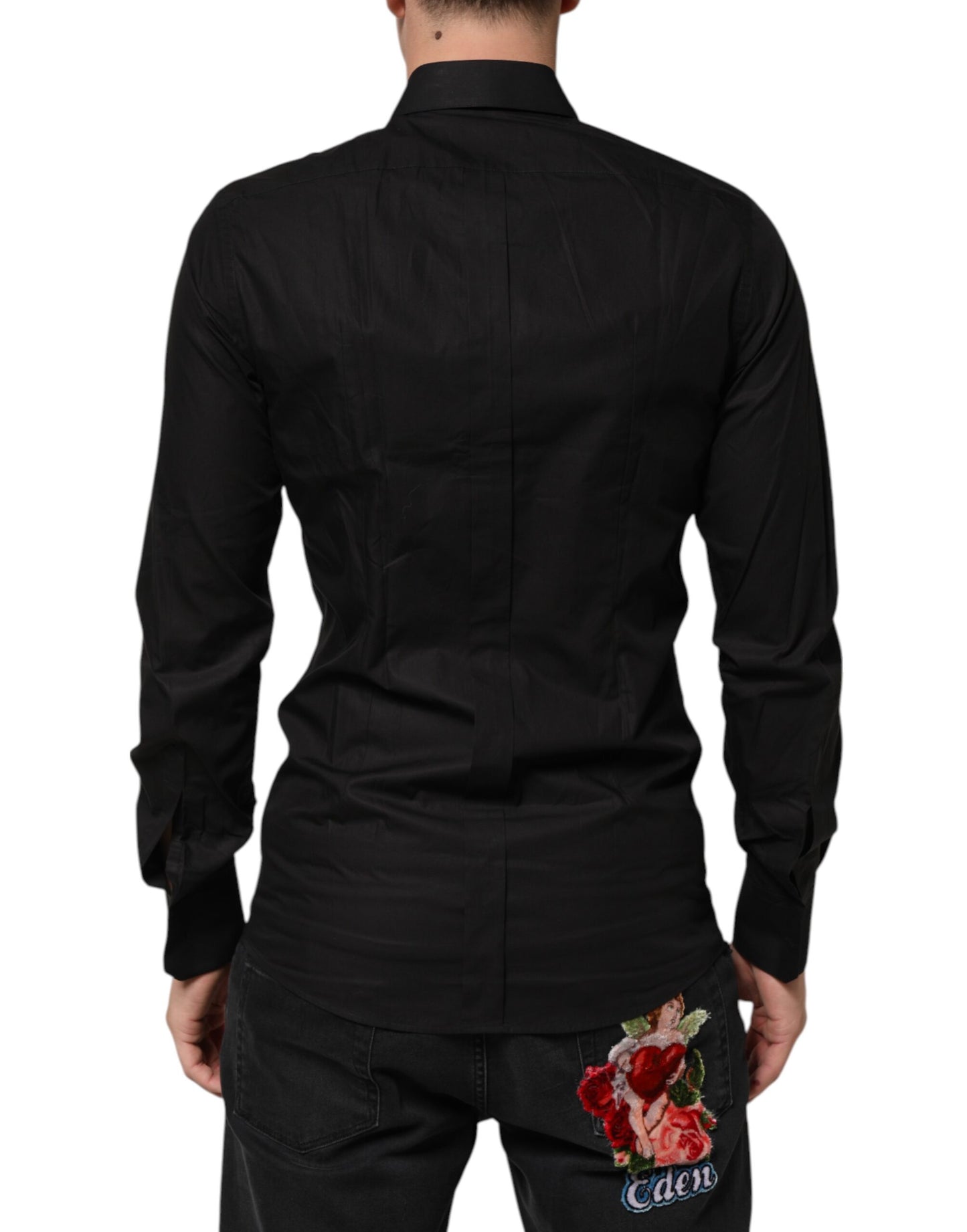 Dolce & Gabbana Black Cotton Star Sequin Dress Formal Men Shirt
