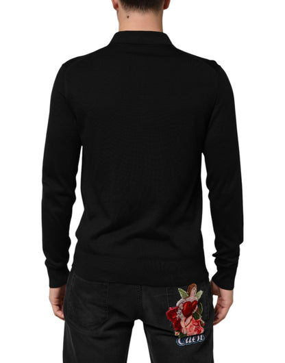 Dolce &amp; Gabbana – Schwarzer, leichter Seidenpullover mit Knopfleiste
