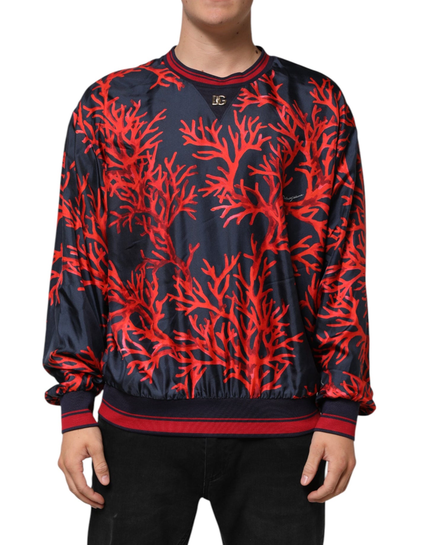 Dolce &amp; Gabbana Seidenpullover mit marineblauem und rotem Korallendruck