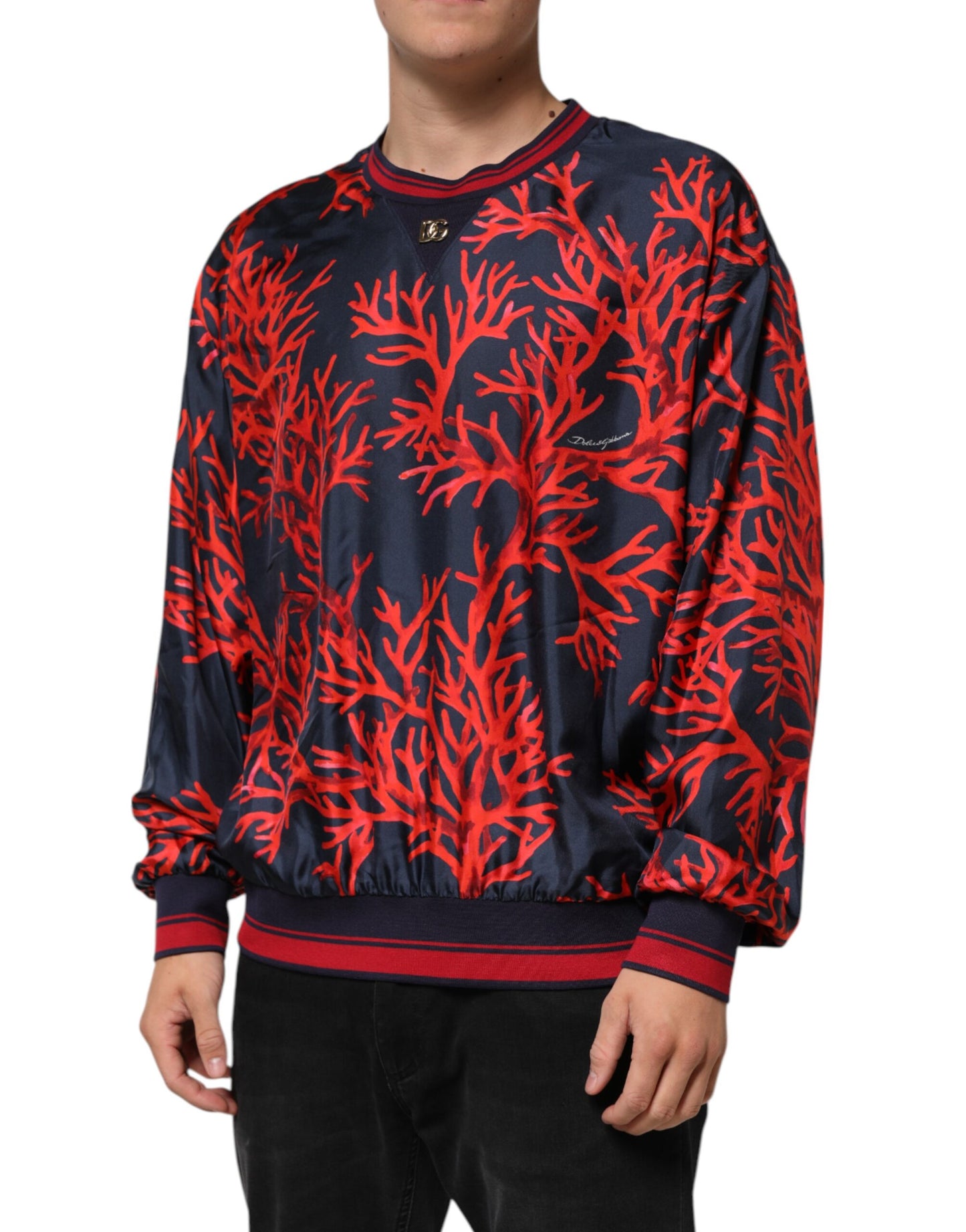 Dolce &amp; Gabbana Seidenpullover mit marineblauem und rotem Korallendruck