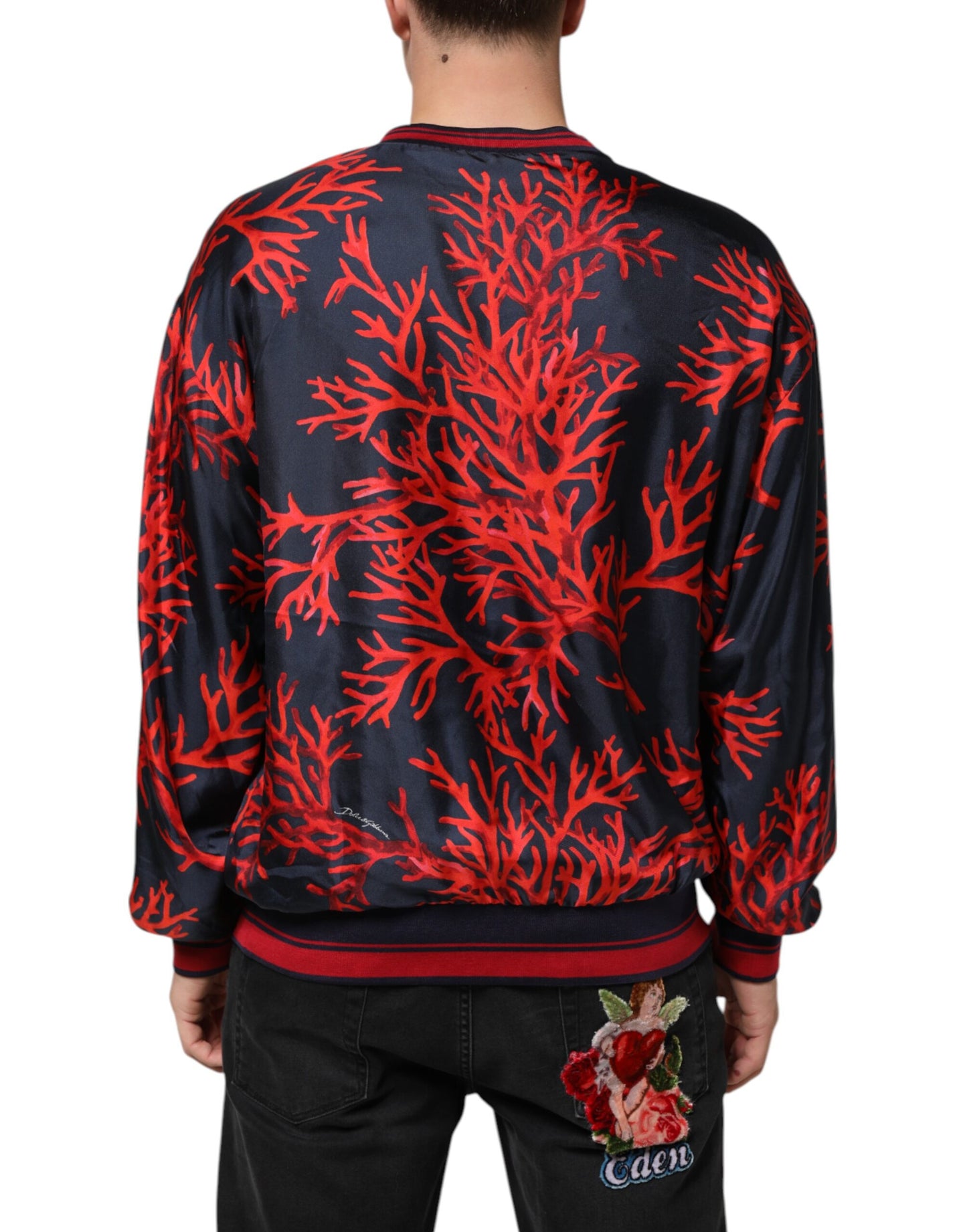 Dolce &amp; Gabbana Seidenpullover mit marineblauem und rotem Korallendruck