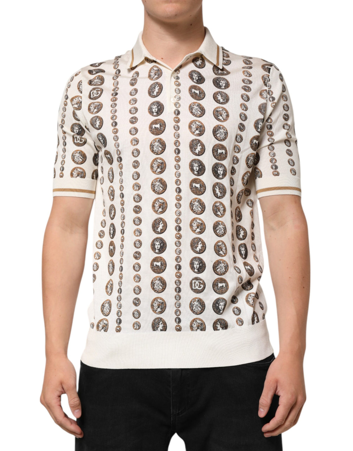 Dolce &amp; Gabbana Herren-Poloshirt aus Seide mit elfenbeinfarbenem Münz-Print