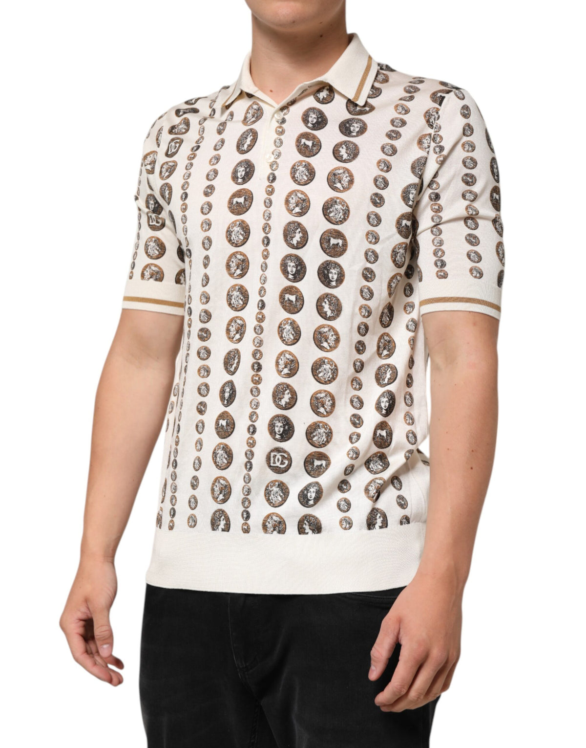 Dolce &amp; Gabbana Herren-Poloshirt aus Seide mit elfenbeinfarbenem Münz-Print
