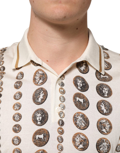 Dolce &amp; Gabbana Herren-Poloshirt aus Seide mit elfenbeinfarbenem Münz-Print