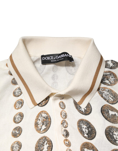 Dolce &amp; Gabbana Herren-Poloshirt aus Seide mit elfenbeinfarbenem Münz-Print