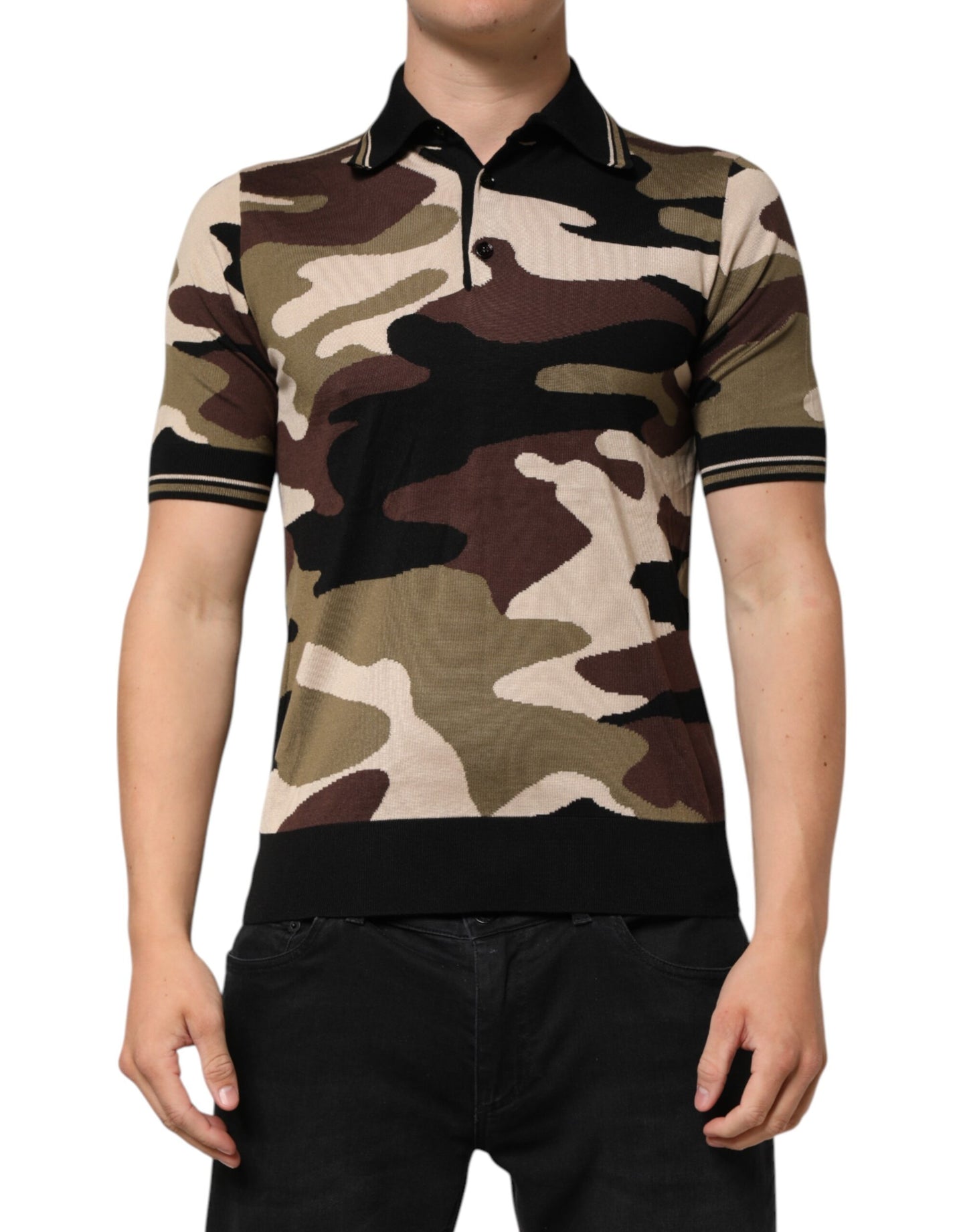 Dolce &amp; Gabbana Camouflage Braunes Militär-Poloshirt aus Seide