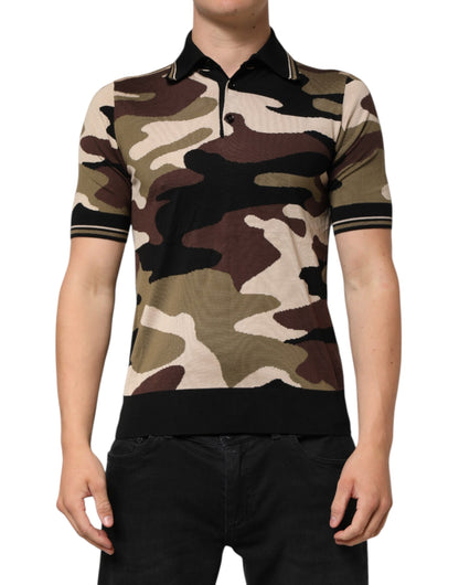 Dolce &amp; Gabbana Camouflage Braunes Militär-Poloshirt aus Seide