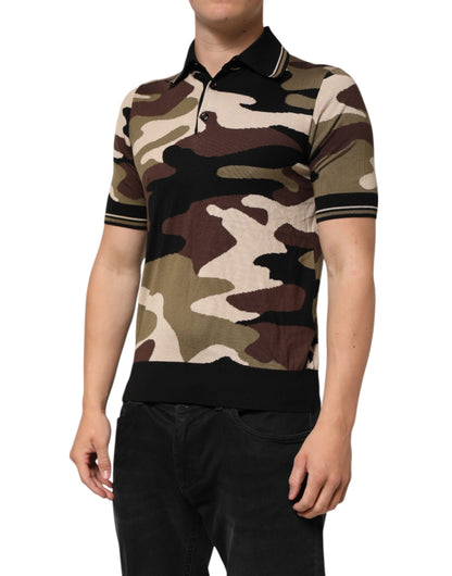 Dolce &amp; Gabbana Camouflage Braunes Militär-Poloshirt aus Seide