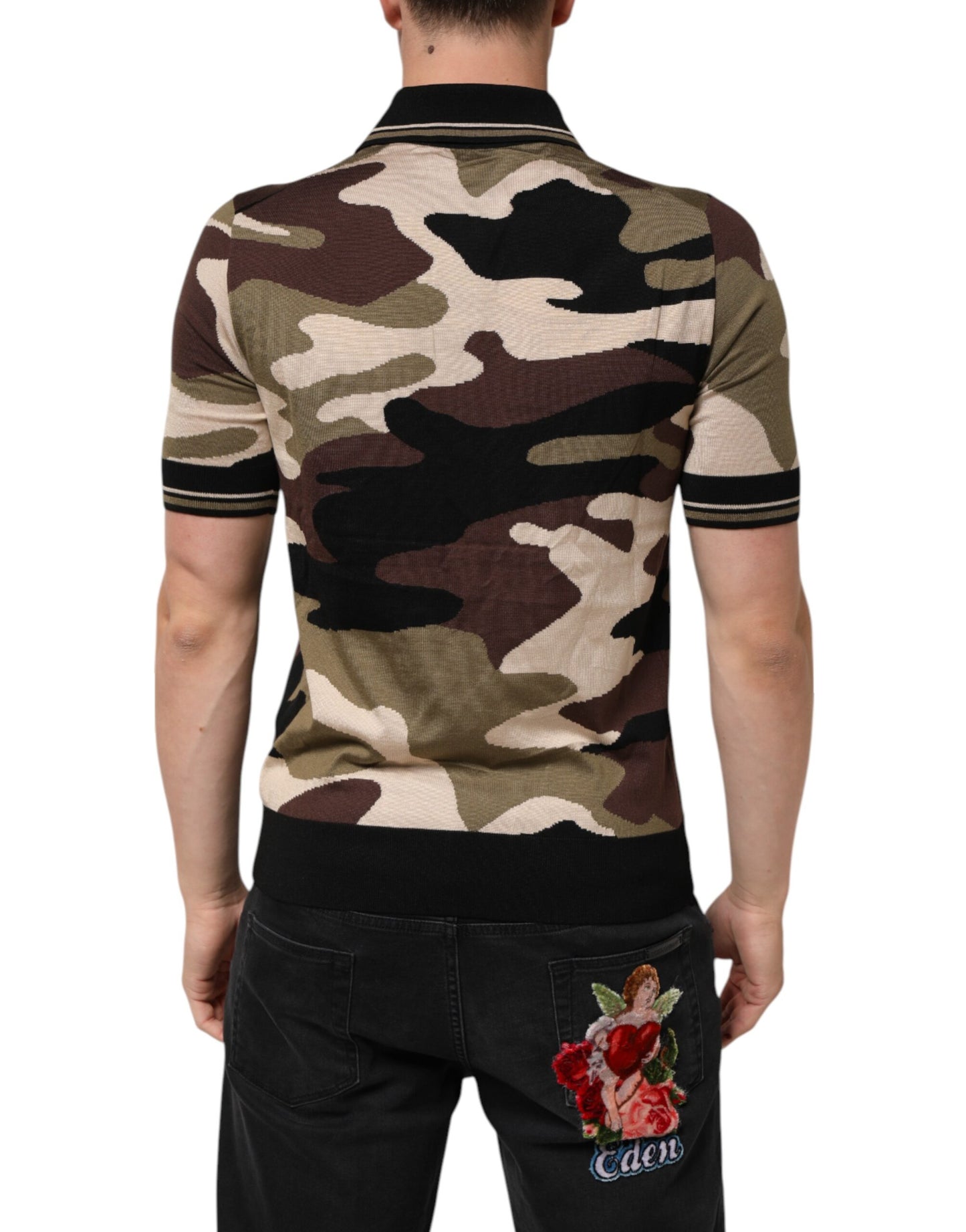 Dolce &amp; Gabbana Camouflage Braunes Militär-Poloshirt aus Seide