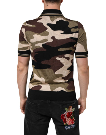 Dolce &amp; Gabbana Camouflage Braunes Militär-Poloshirt aus Seide