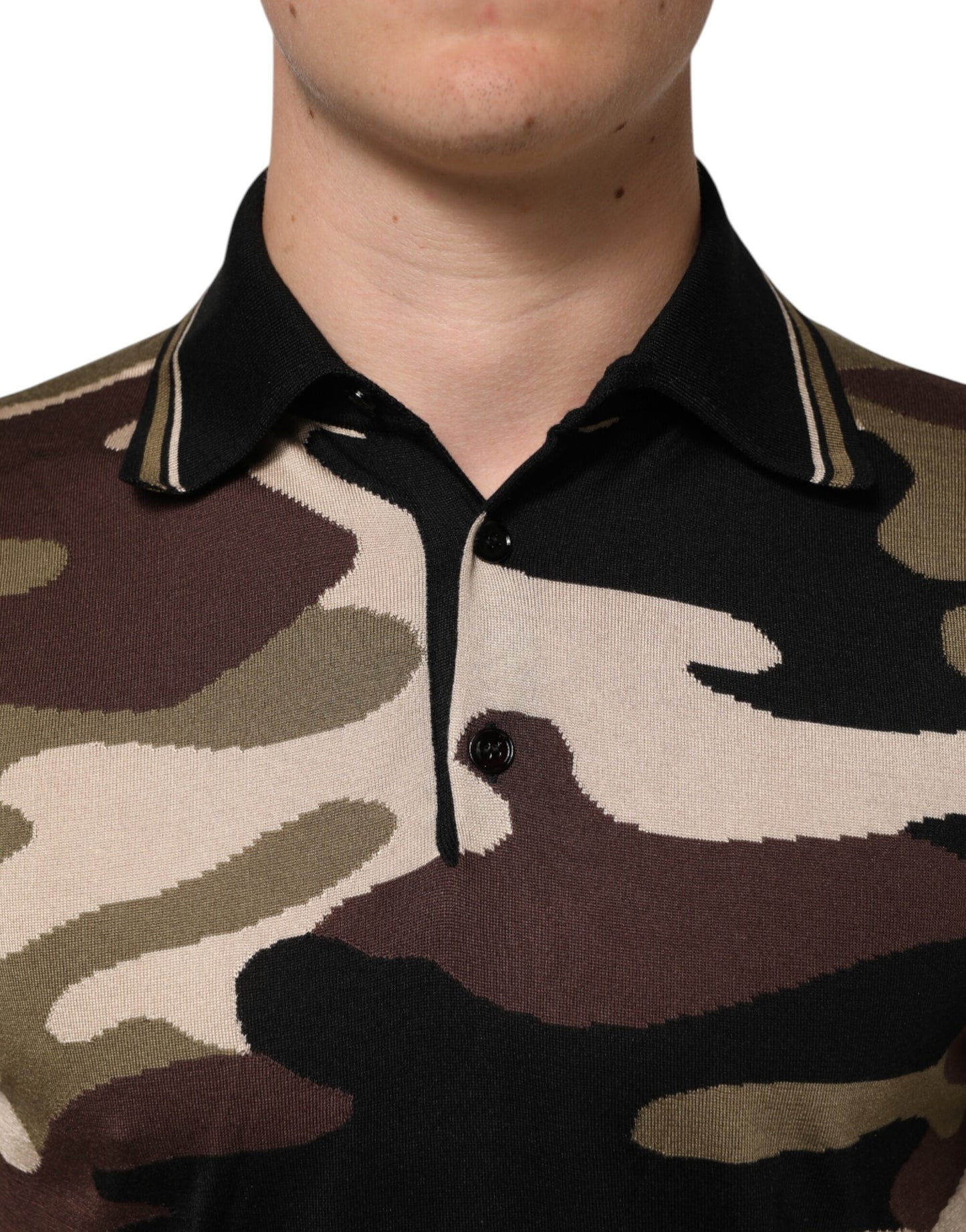 Dolce &amp; Gabbana Camouflage Braunes Militär-Poloshirt aus Seide