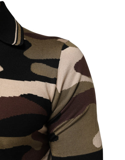 Dolce &amp; Gabbana Camouflage Braunes Militär-Poloshirt aus Seide