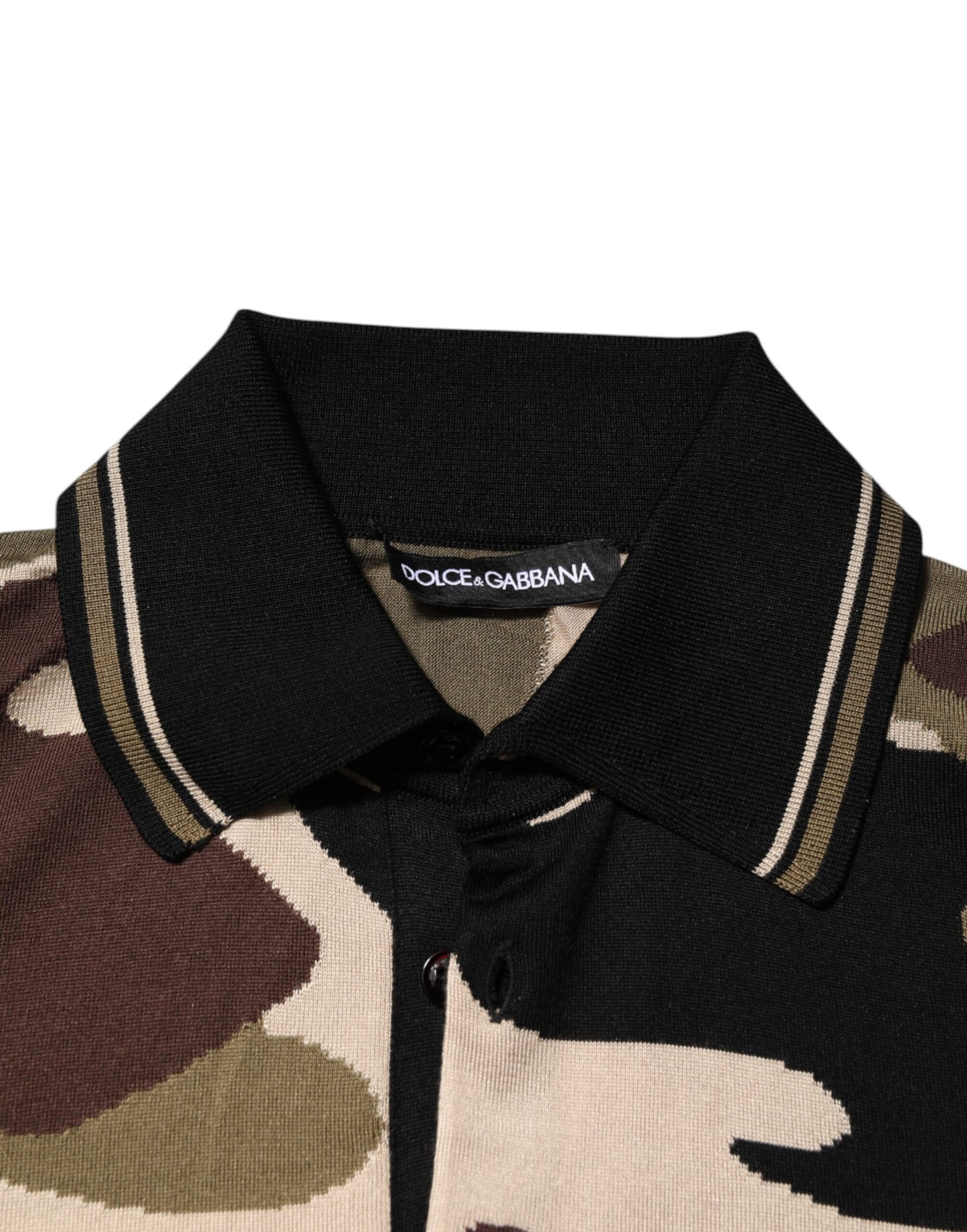 Dolce &amp; Gabbana Camouflage Braunes Militär-Poloshirt aus Seide