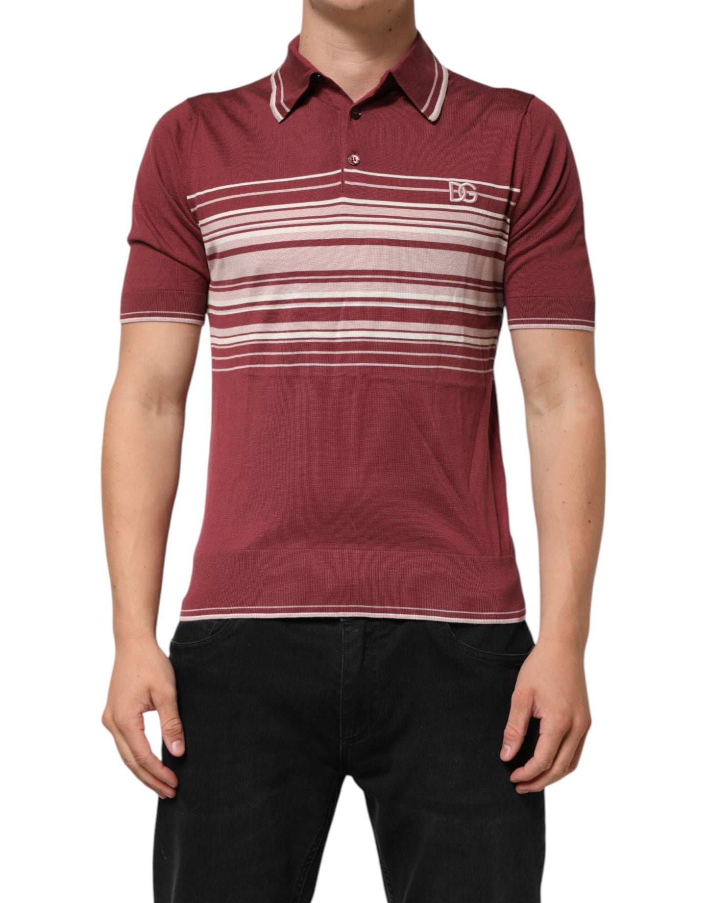 Dolce &amp; Gabbana – Burgunderrotes Poloshirt aus Baumwolle mit DG-Logo und Streifen
