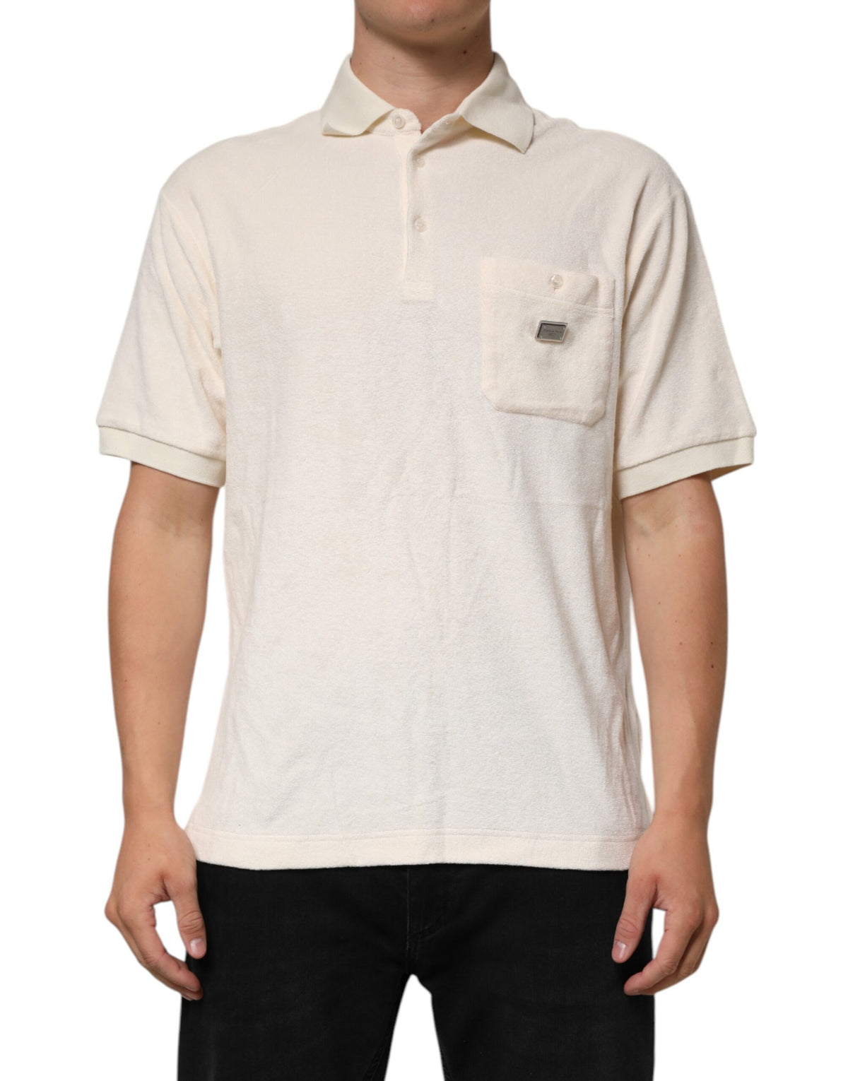 Dolce &amp; Gabbana – Elfenbeinfarbenes Poloshirt aus Baumwollfrottee mit Logotasche