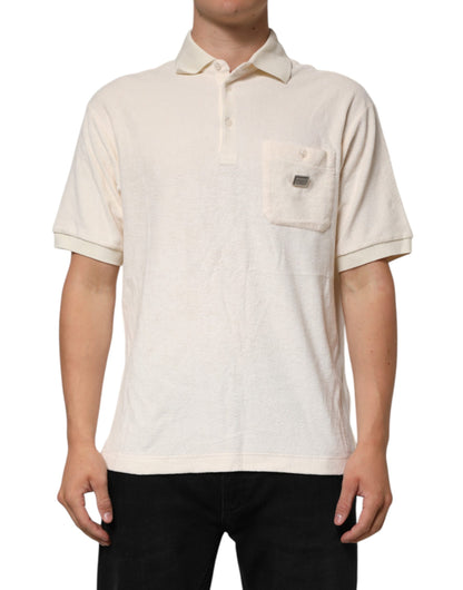 Dolce &amp; Gabbana – Elfenbeinfarbenes Poloshirt aus Baumwollfrottee mit Logotasche