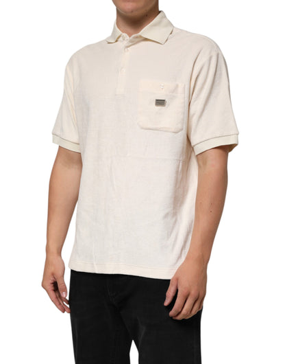Dolce &amp; Gabbana – Elfenbeinfarbenes Poloshirt aus Baumwollfrottee mit Logotasche