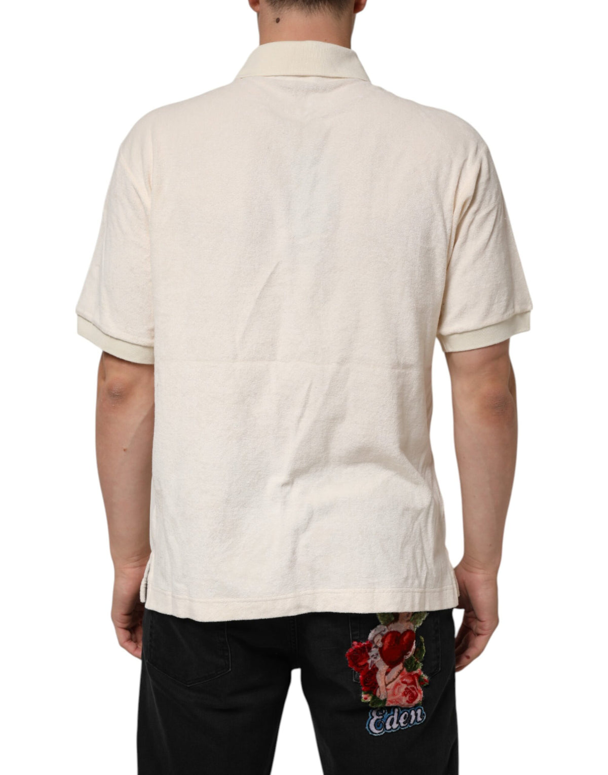 Dolce &amp; Gabbana – Elfenbeinfarbenes Poloshirt aus Baumwollfrottee mit Logotasche