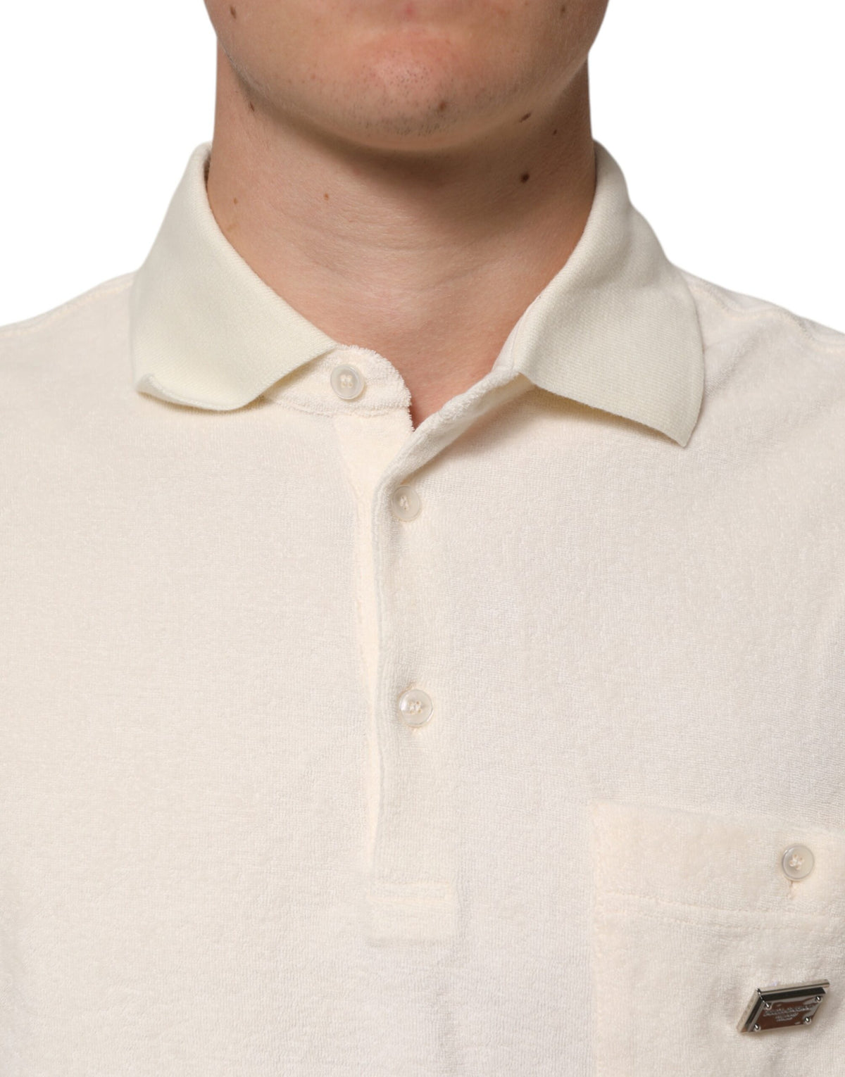 Dolce &amp; Gabbana – Elfenbeinfarbenes Poloshirt aus Baumwollfrottee mit Logotasche
