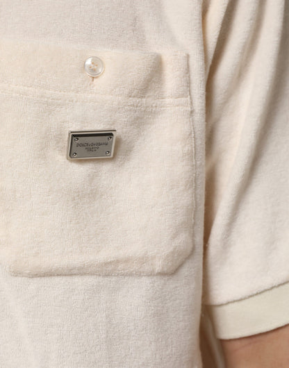 Dolce &amp; Gabbana – Elfenbeinfarbenes Poloshirt aus Baumwollfrottee mit Logotasche