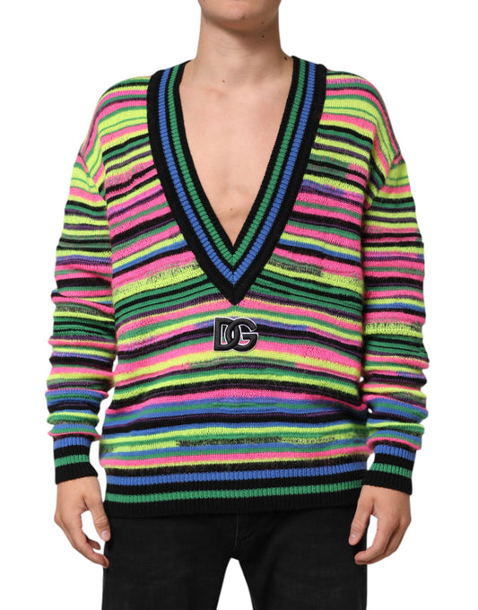 Dolce & Gabbana Multicolor DG Logo V-Neck Knit Pullover Sweater