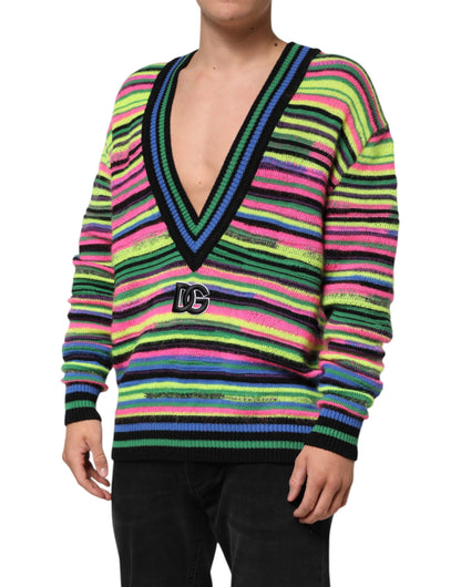 Dolce & Gabbana Multicolor DG Logo V-Neck Knit Pullover Sweater