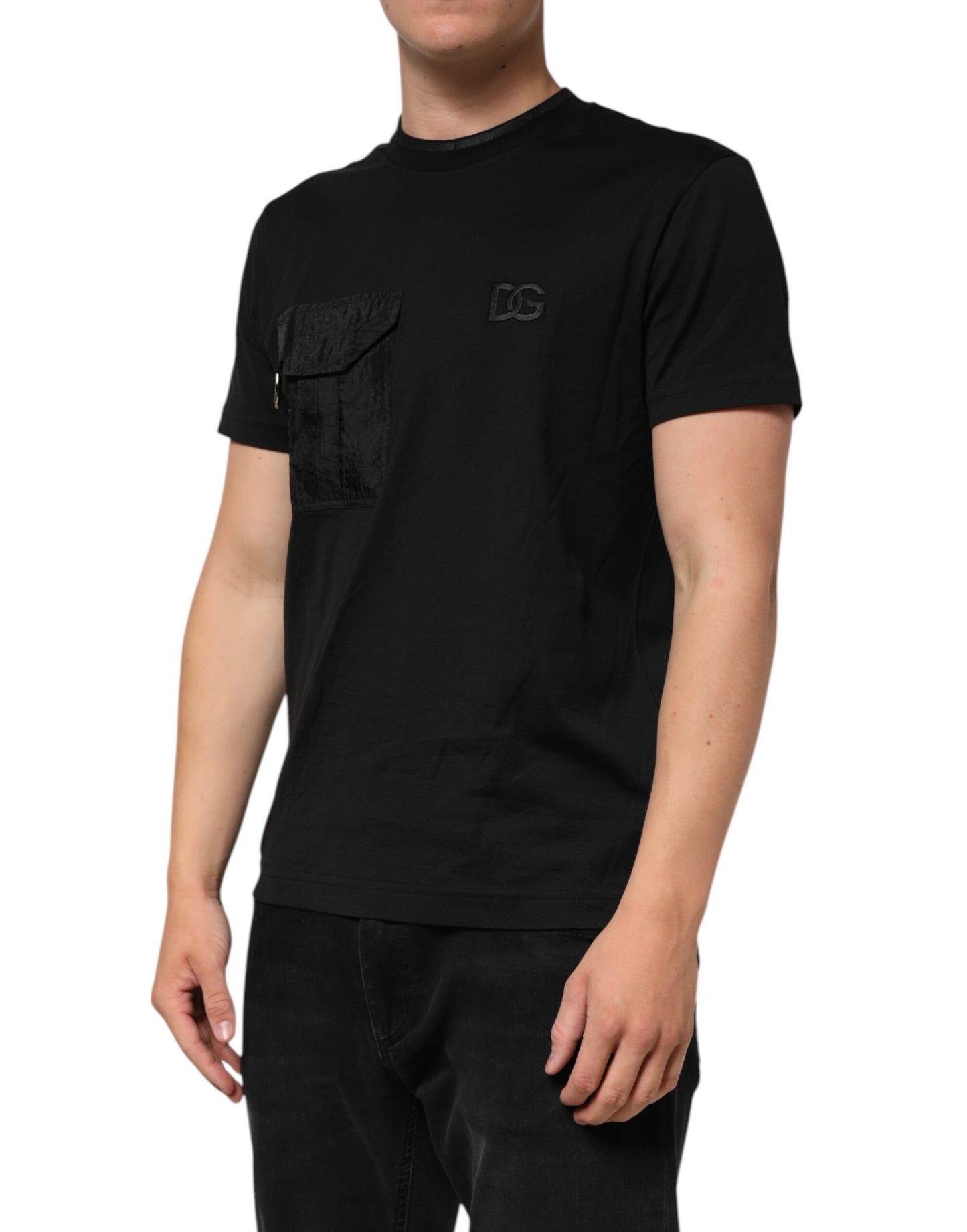 Dolce &amp; Gabbana – Schwarzes Baumwoll-T-Shirt mit DG-Logo-Stickerei auf der Tasche