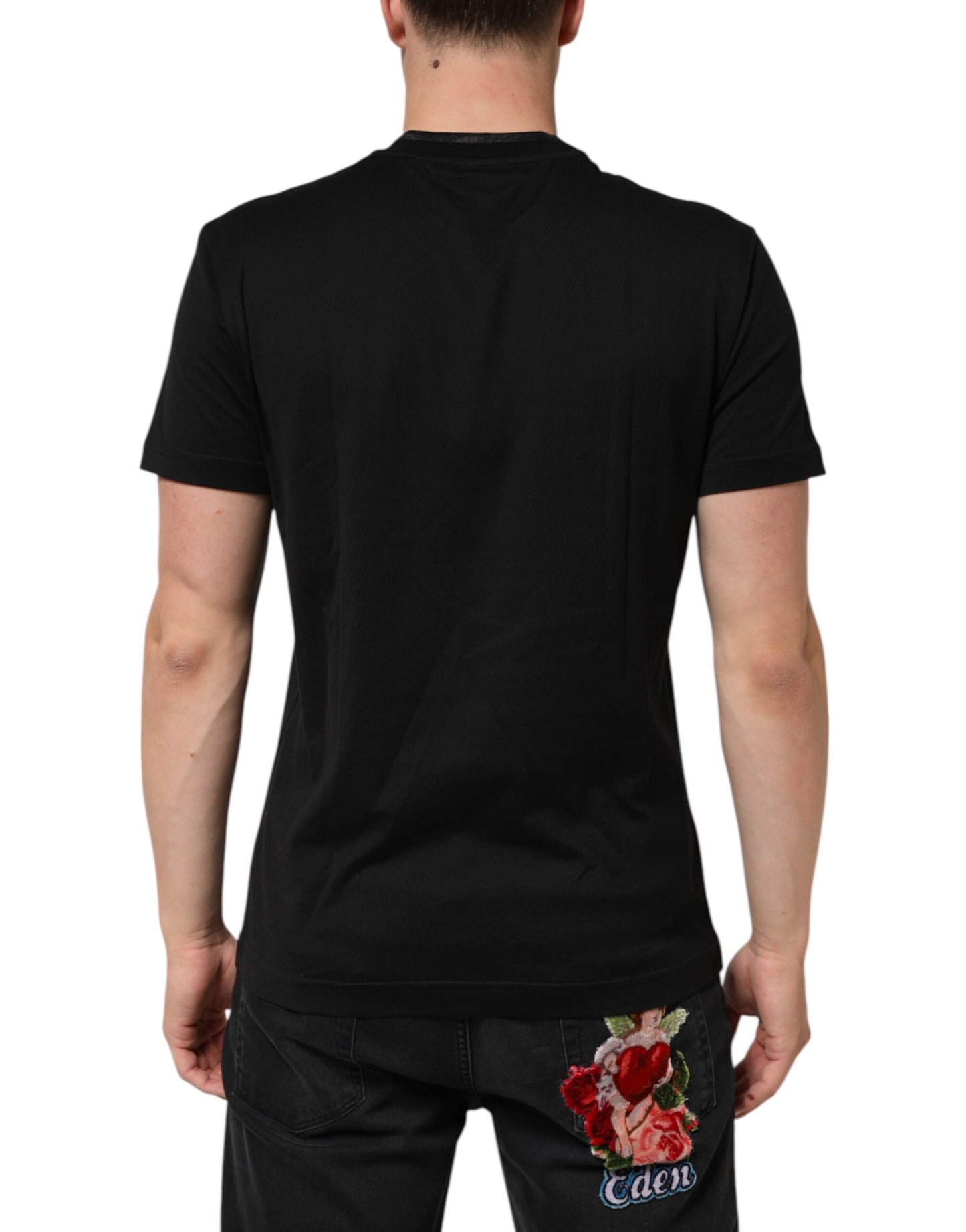 Dolce &amp; Gabbana – Schwarzes Baumwoll-T-Shirt mit DG-Logo-Stickerei auf der Tasche