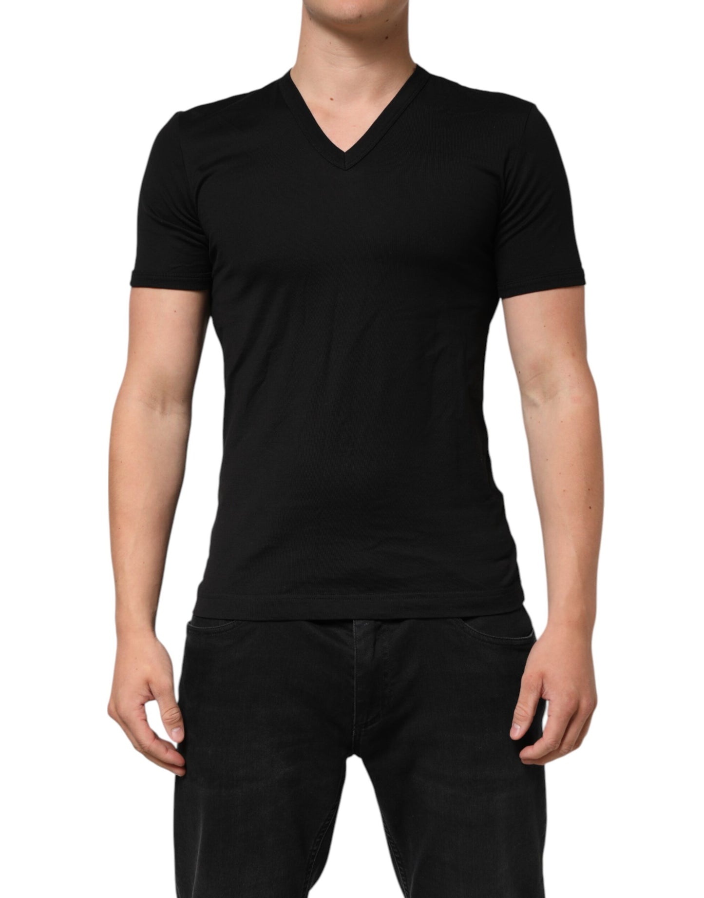 Dolce &amp; Gabbana Herren-T-Shirt aus schwarzer Baumwolle mit V-Ausschnitt