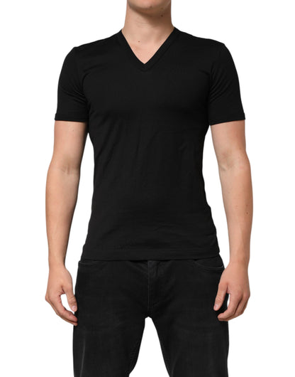 Dolce &amp; Gabbana Herren-T-Shirt aus schwarzer Baumwolle mit V-Ausschnitt