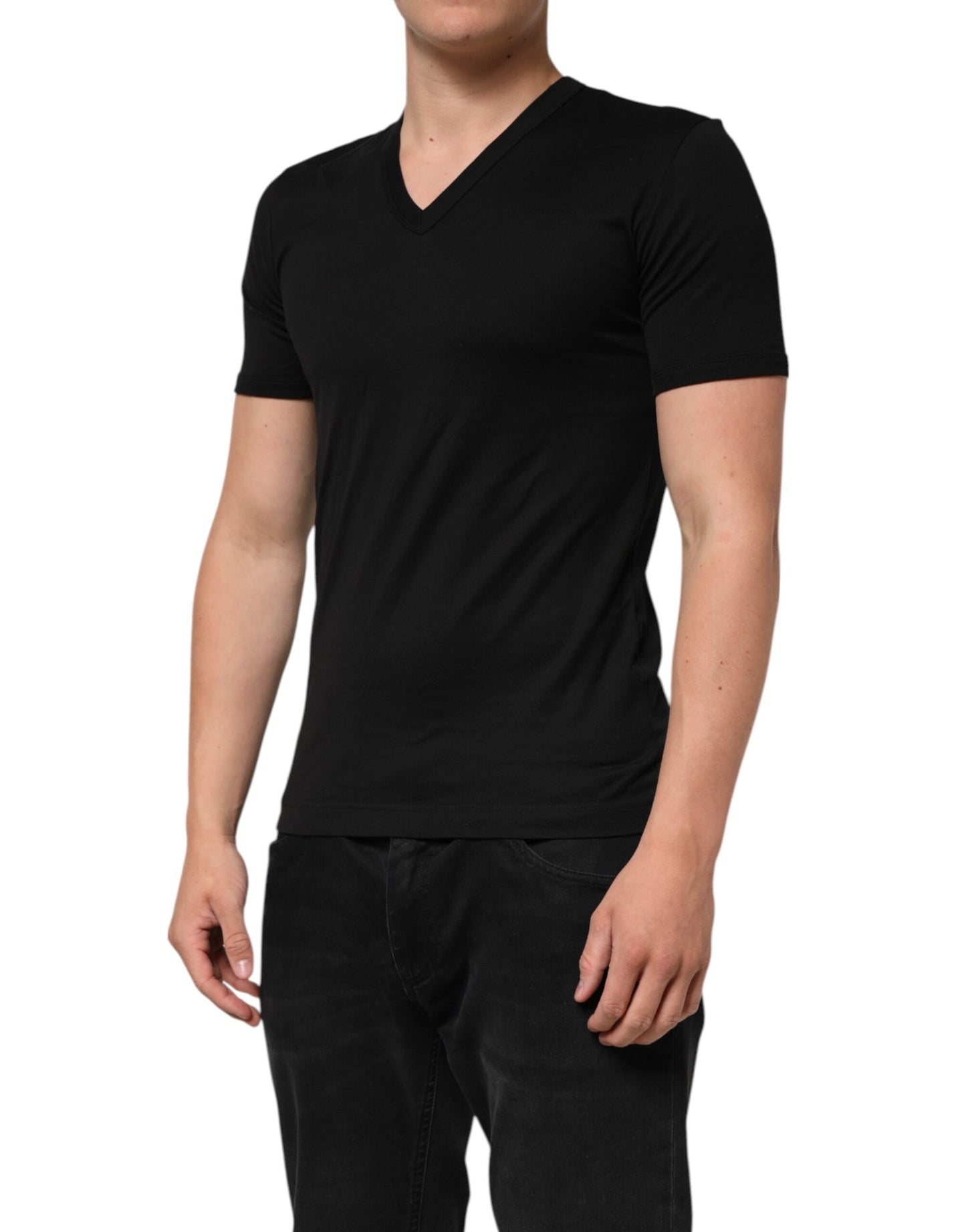 Dolce &amp; Gabbana Herren-T-Shirt aus schwarzer Baumwolle mit V-Ausschnitt