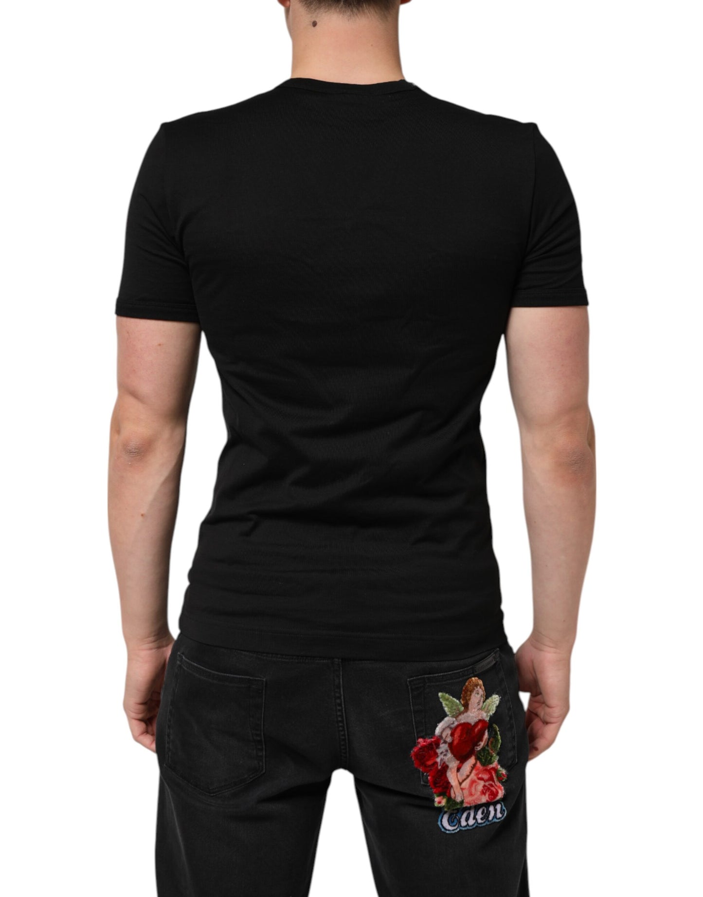 Dolce &amp; Gabbana Herren-T-Shirt aus schwarzer Baumwolle mit V-Ausschnitt