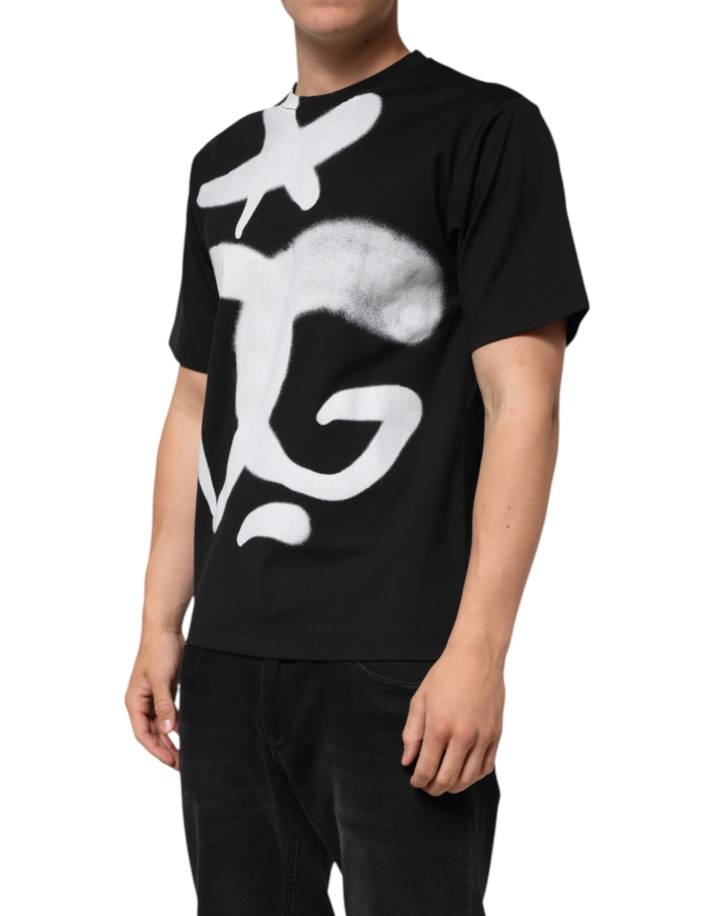 Dolce &amp; Gabbana – Schwarzes, kurzärmliges T-Shirt aus Baumwolle mit DG-Logo und Graffiti