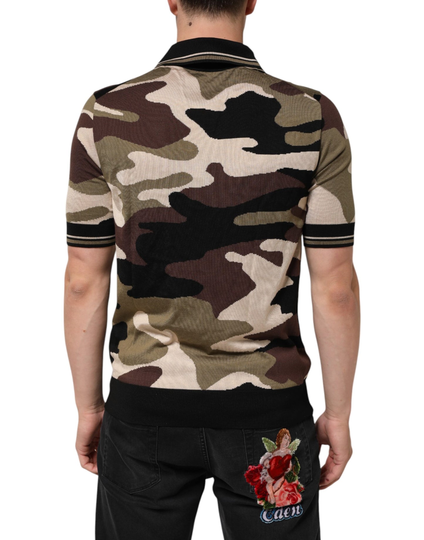 Dolce &amp; Gabbana – Poloshirt aus Seide im Military-Stil in Camouflage-Braun