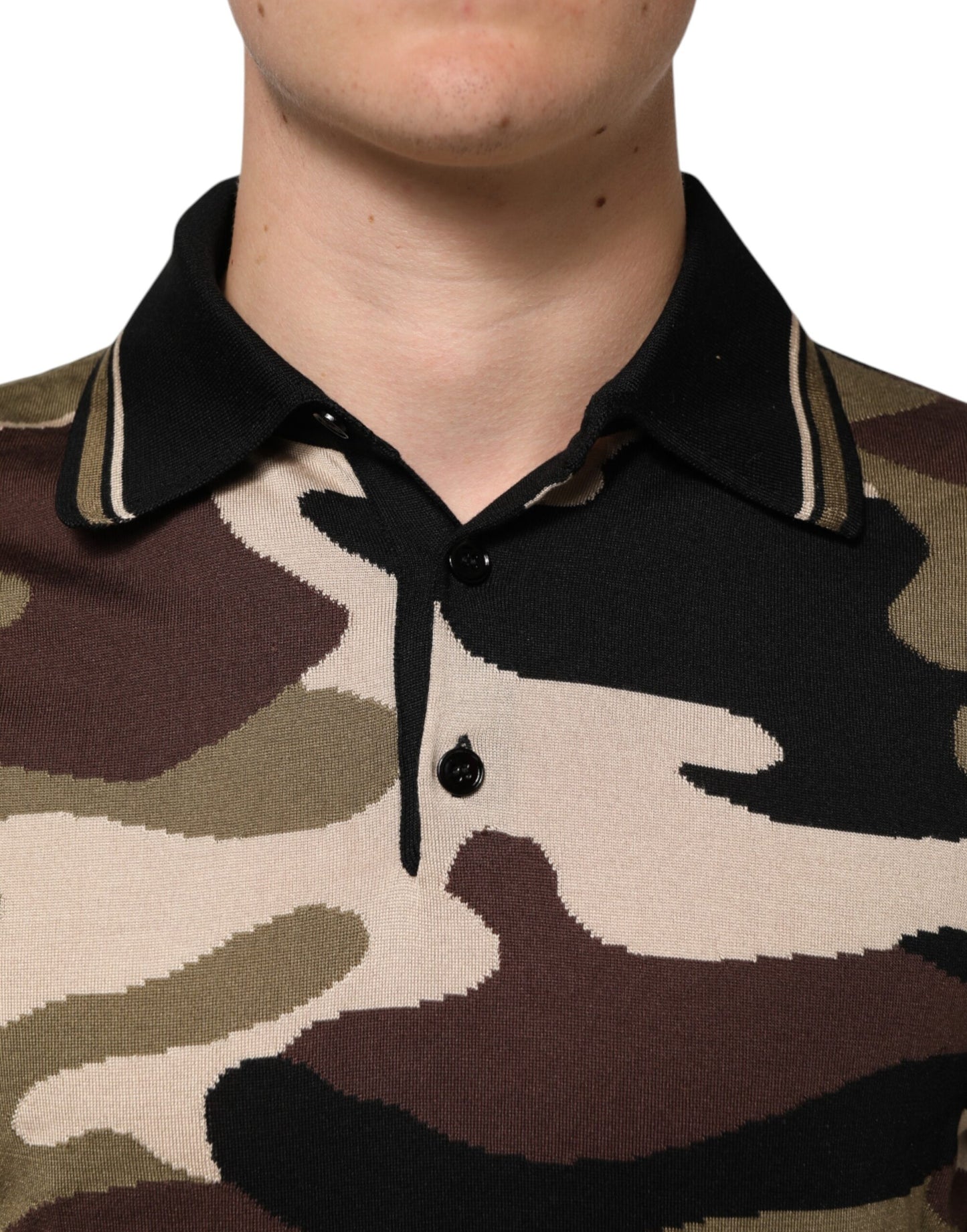 Dolce &amp; Gabbana – Poloshirt aus Seide im Military-Stil in Camouflage-Braun
