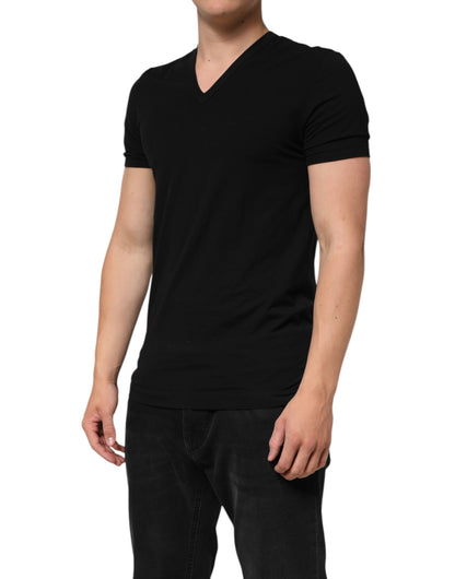 Dolce &amp; Gabbana – Slim Fit-T-Shirt aus schwarzer Baumwolle mit V-Ausschnitt für Herren