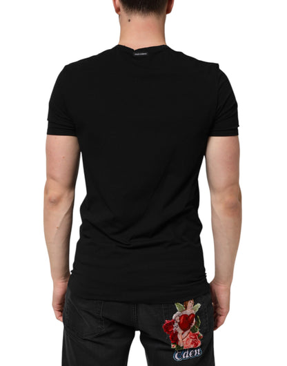 Dolce &amp; Gabbana – Slim Fit-T-Shirt aus schwarzer Baumwolle mit V-Ausschnitt für Herren