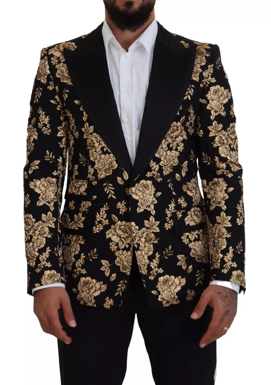 Dolce & Gabbana Gold Black Floral Embroidered Jacket Blazer