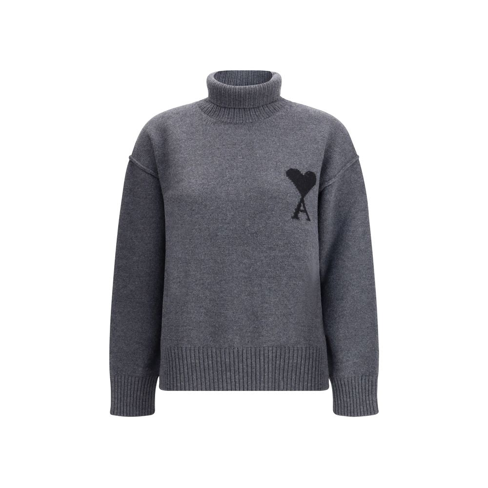 Ami Paris Grauer Fleece-Rollkragenpullover aus Wolle