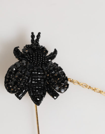 Dolce &amp; Gabbana Anstecknadel Gold Messing Schwarz Kristall Biene Accessoires Brosche