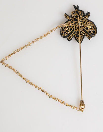 Dolce &amp; Gabbana Anstecknadel Gold Messing Schwarz Kristall Biene Accessoires Brosche