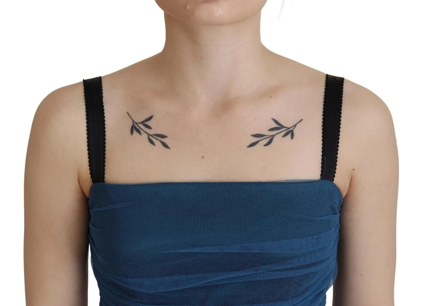 Dolce &amp; Gabbana – Etuikleid aus gerüschtem Tüll mit blauem Netzbesatz