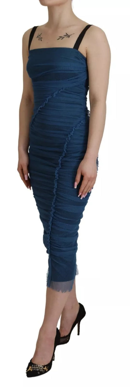 Dolce &amp; Gabbana – Etuikleid aus gerüschtem Tüll mit blauem Netzbesatz
